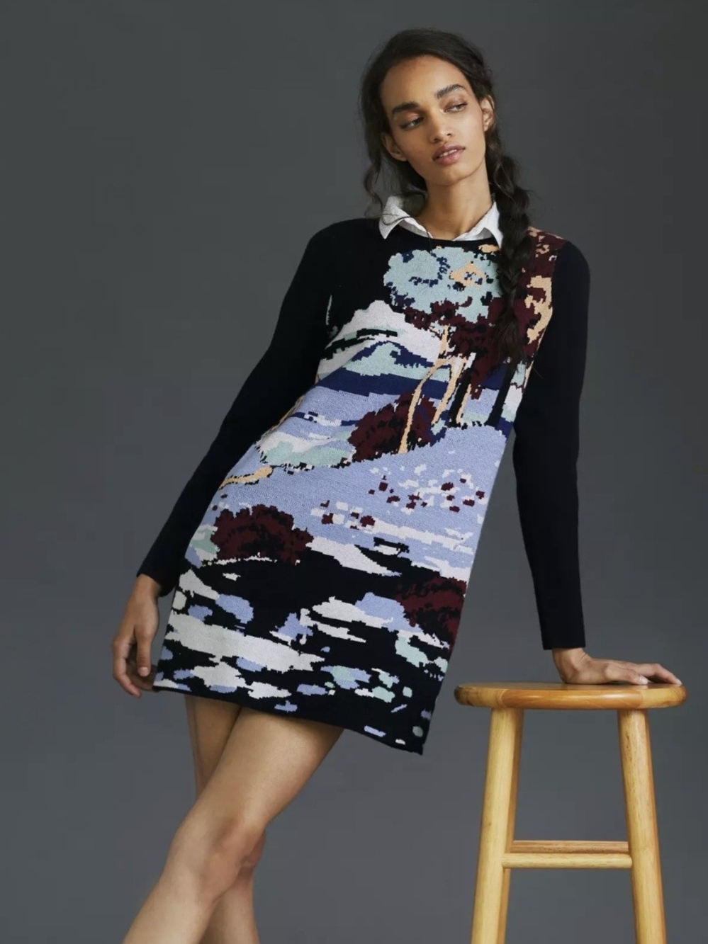 Maeve Anthropologie Scenic Print Knit Mini Sweater Dress M Knit Artsy Lavender